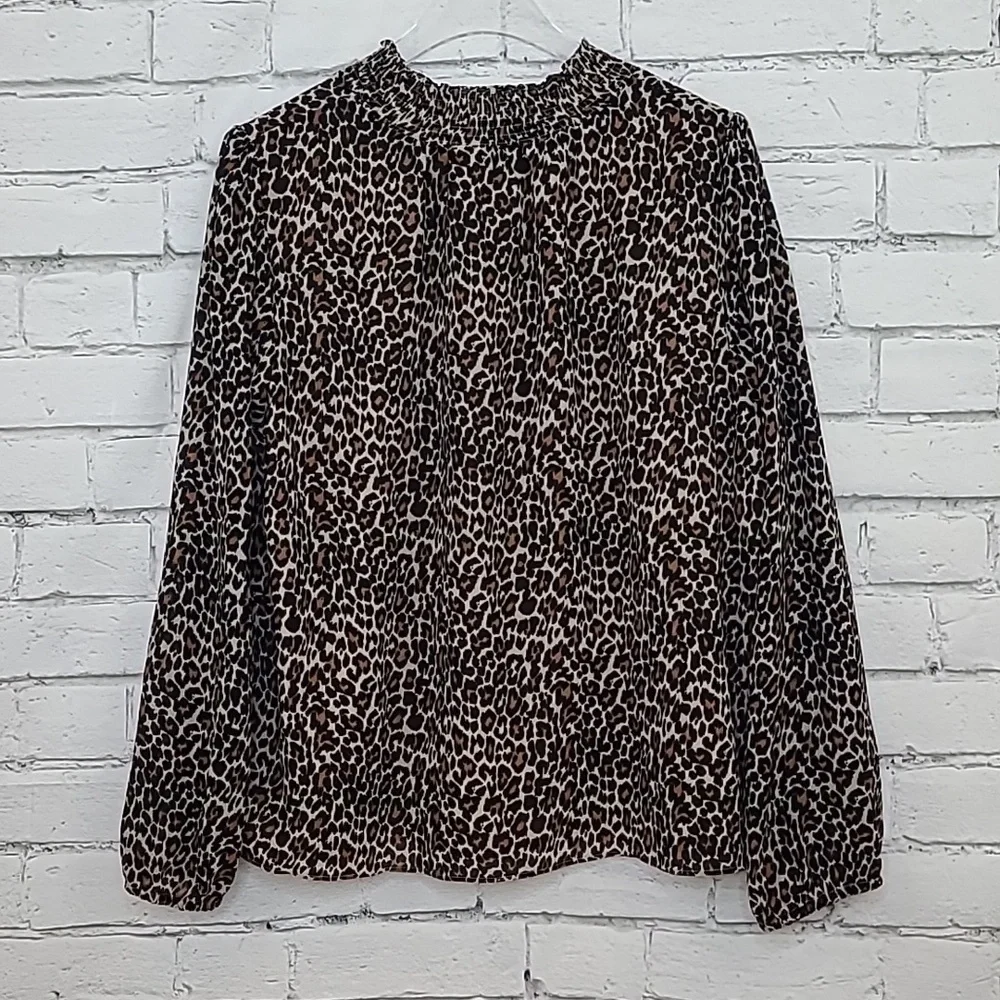 J Crew Long Sleeve Leopard Smocked Mock Neck Blouse/Shirt in Brown/Black - NWT